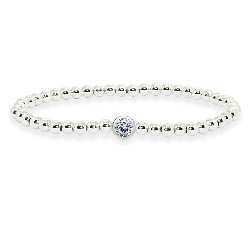 B. BRILLIANT Sterling Silver Polished Beads Stretchable Stackable Bracelet with Clear Crystal - Image 1